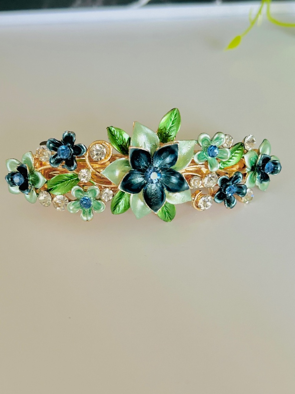 Floral Barrette, Hair Clip with Clear and Blue Rhinestones, Blue Green Flowers